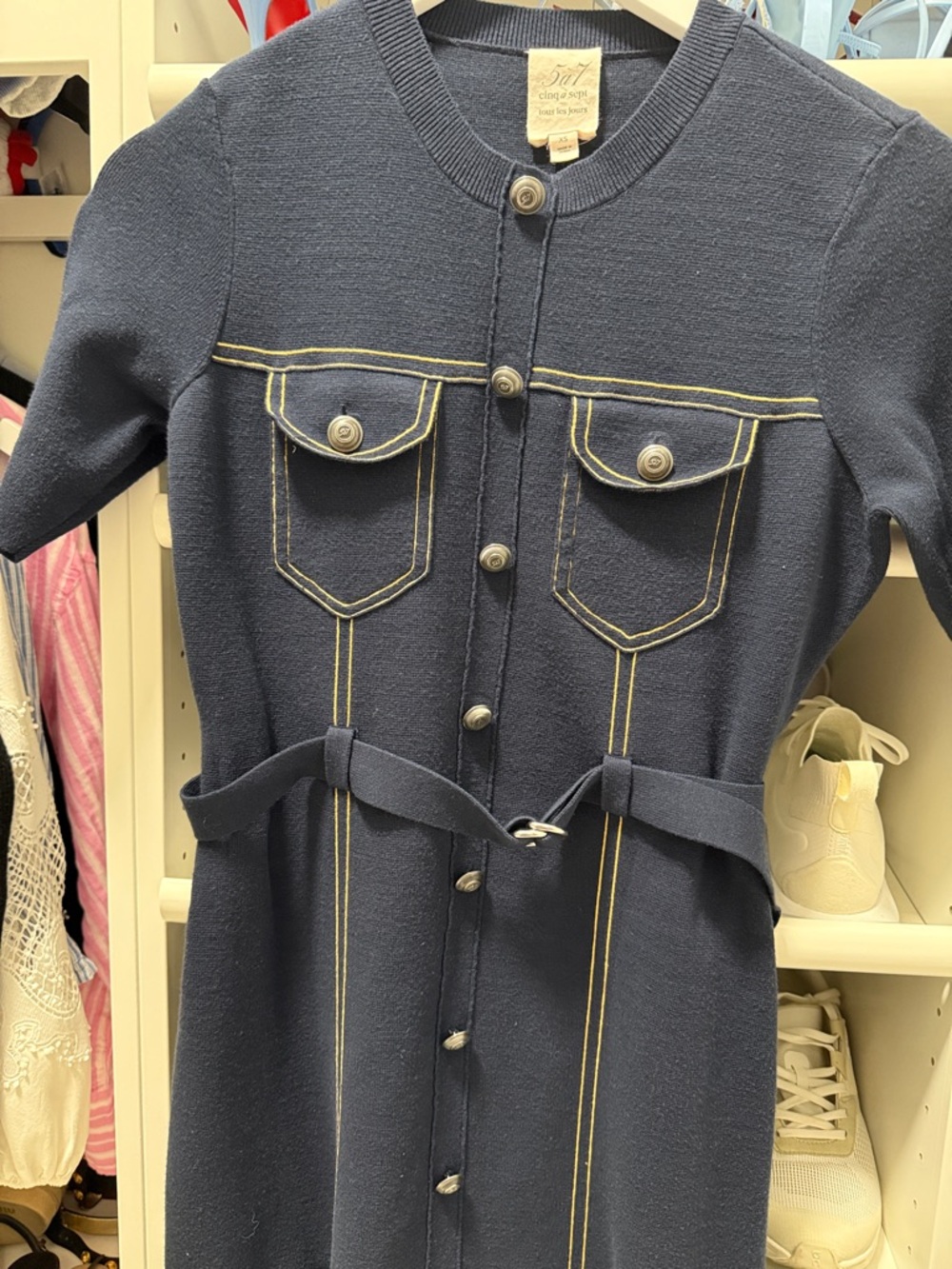 cinq a sept Navy Dress with Yellow Topstitching